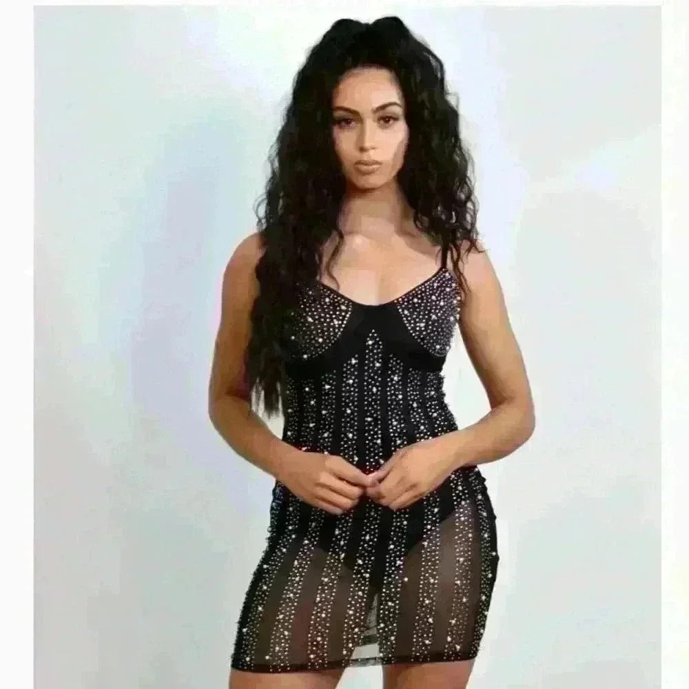 Women’s Light Sheer Top Layer Dress adorned in Rhinestones and Pearls Size Small